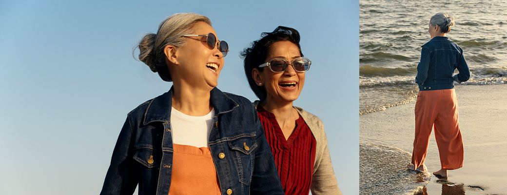 Image of female hearing aid wearer and female companion walking outside and image of same hearing aid wearer walking into the ocean
